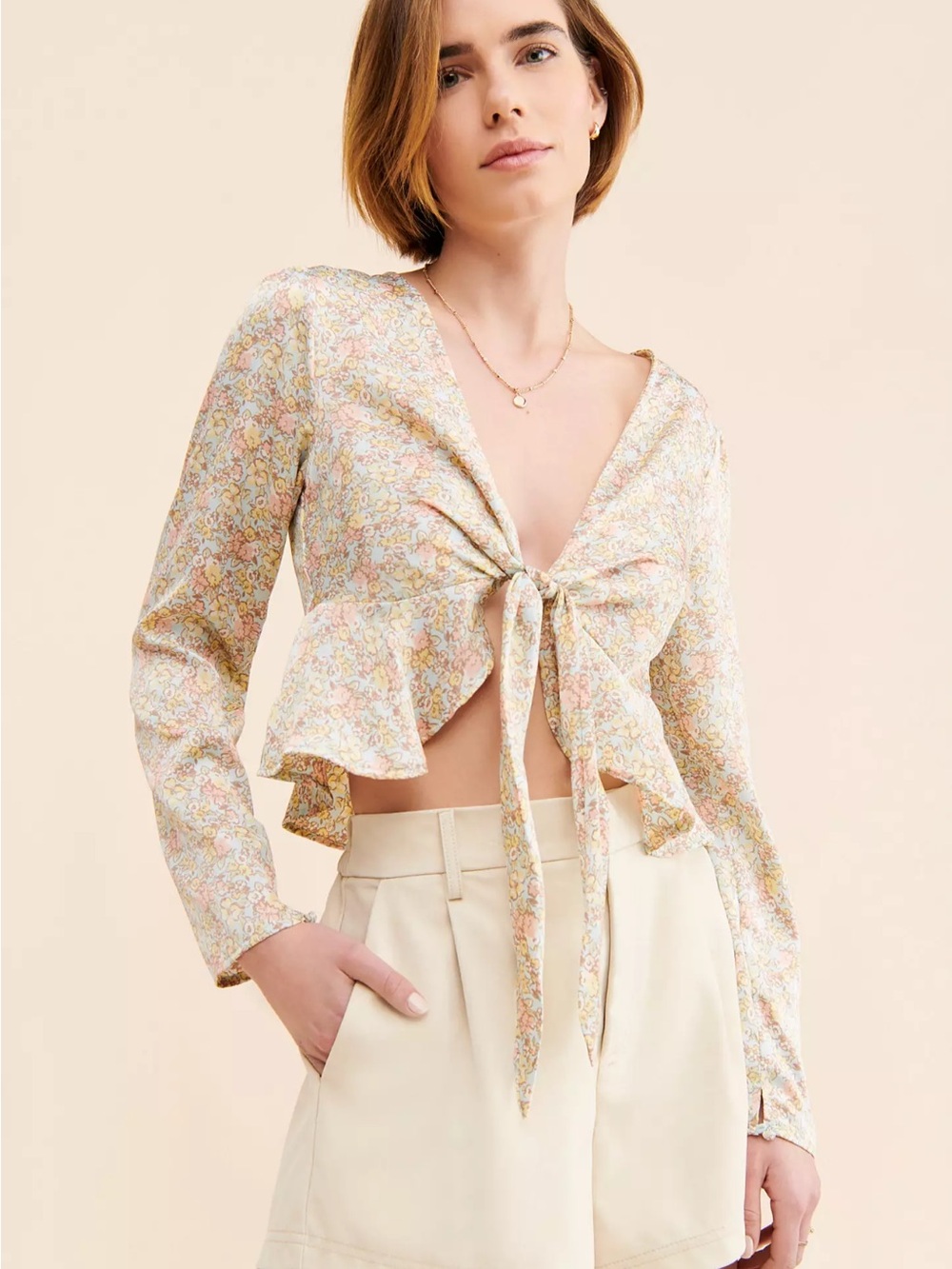 Dress Forum Pastel Floral Tie-Front Peplum Blouse